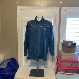 Women's Blue Button Down Shirt with Embroidery